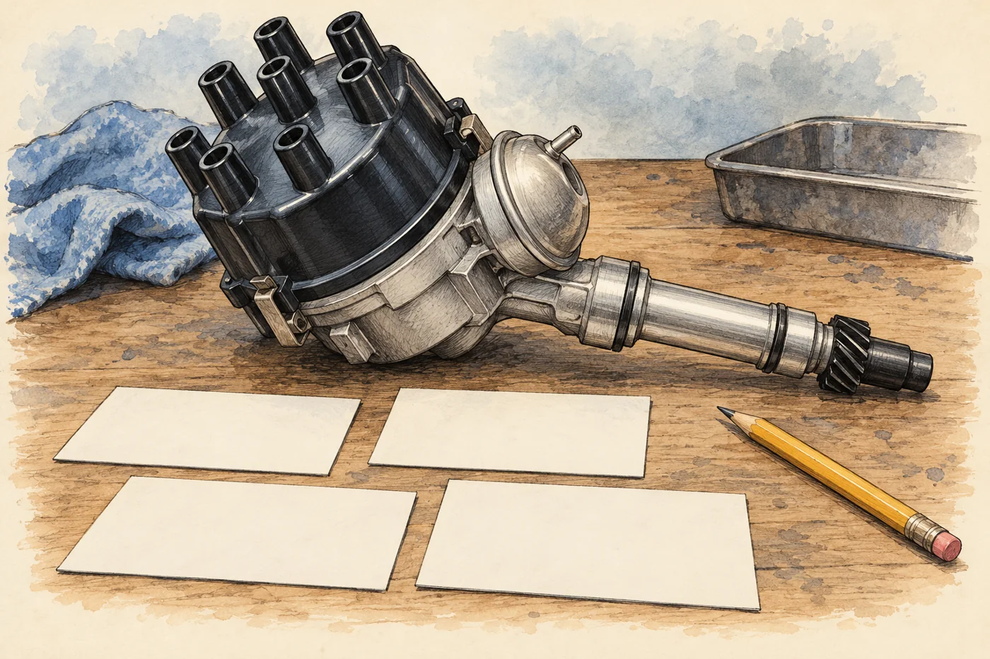 A distributor on a workbench beside four blank reference cards.