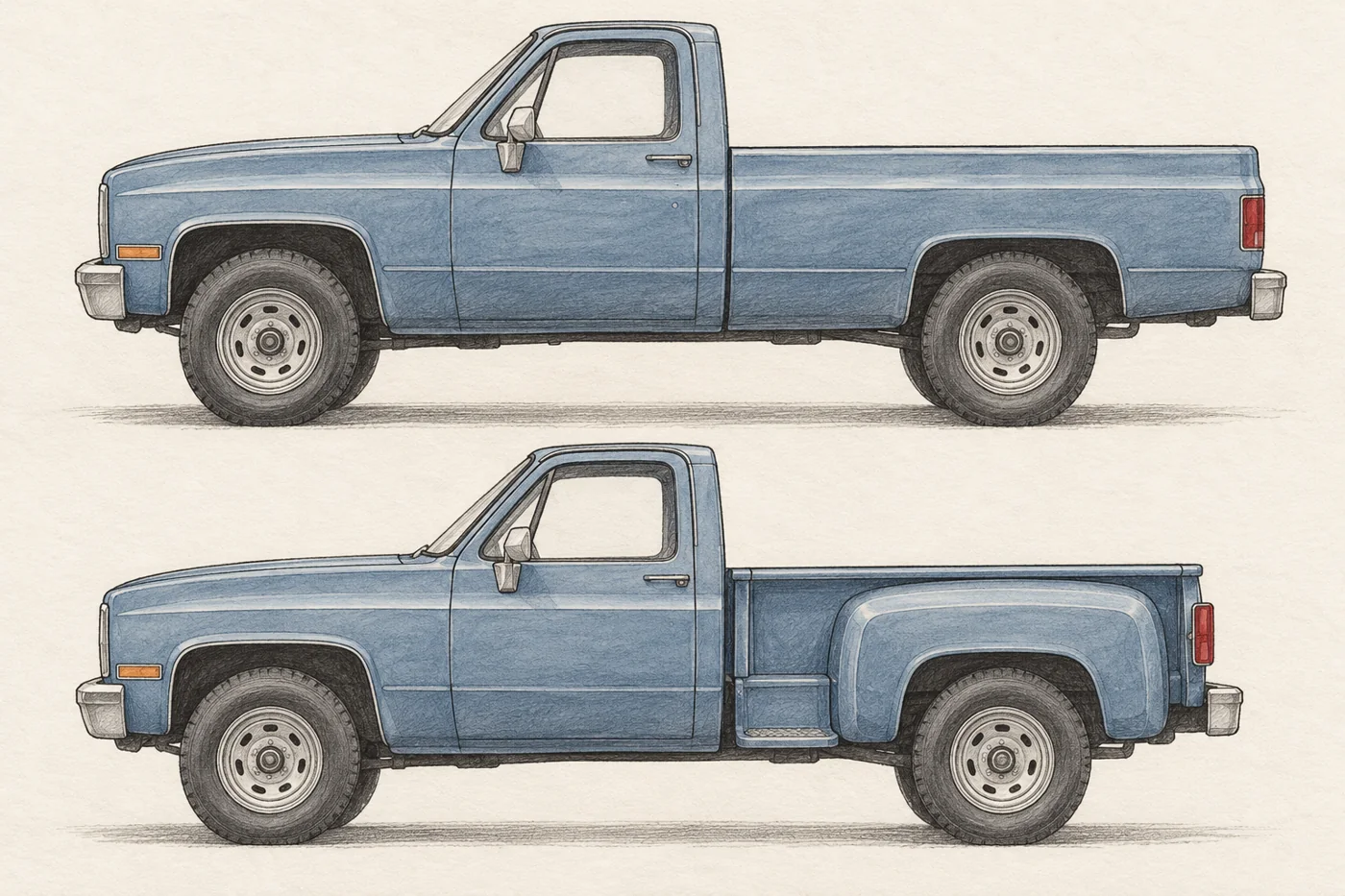 Conceptual side-profile illustrations of two pickups with different cargo-bed shapes.