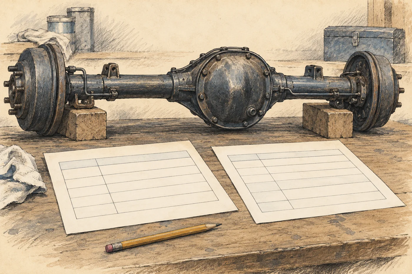 Generic axle assembly on a workbench behind two blank reference sheets and a pencil.
