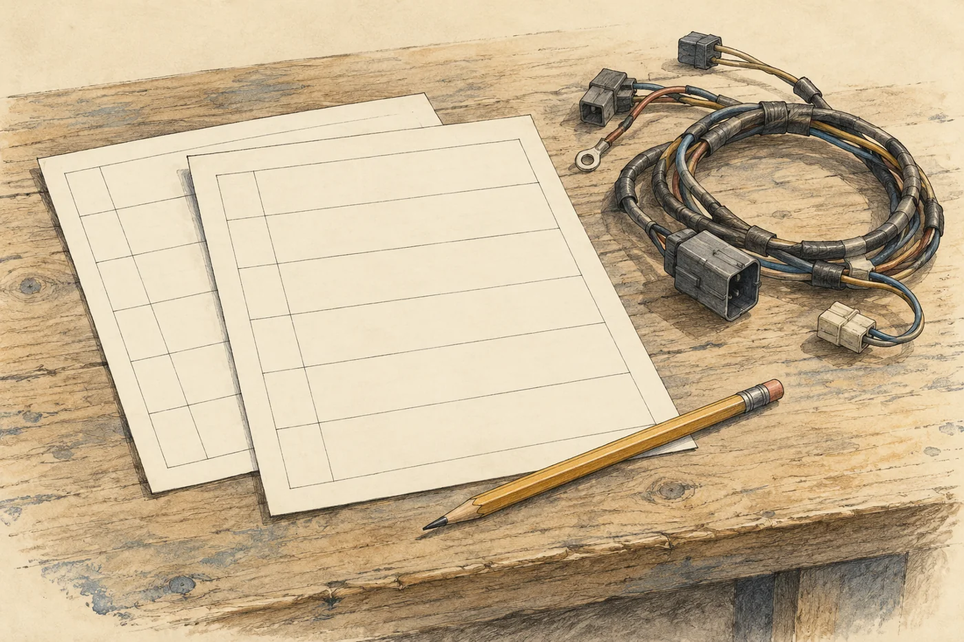 Blank ordering sheets, a pencil and generic coiled wiring on a workbench.