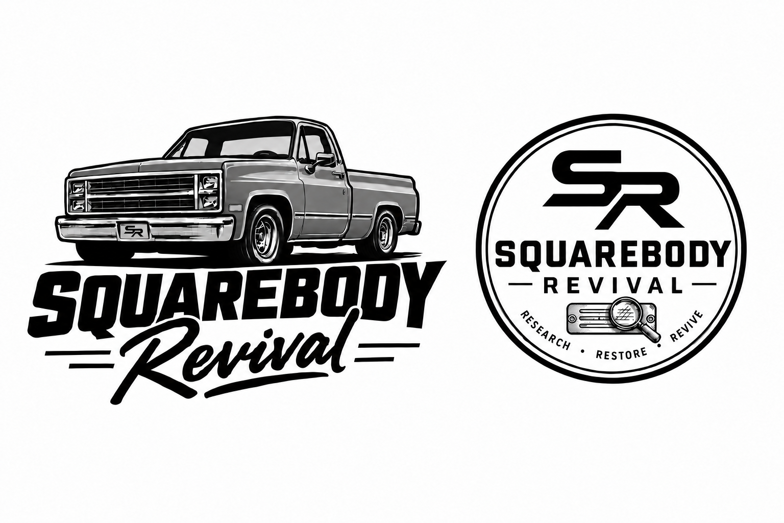 Squarebody Revival: gray square-body truck with an SR license-plate logo and black Squarebody Revival lettering