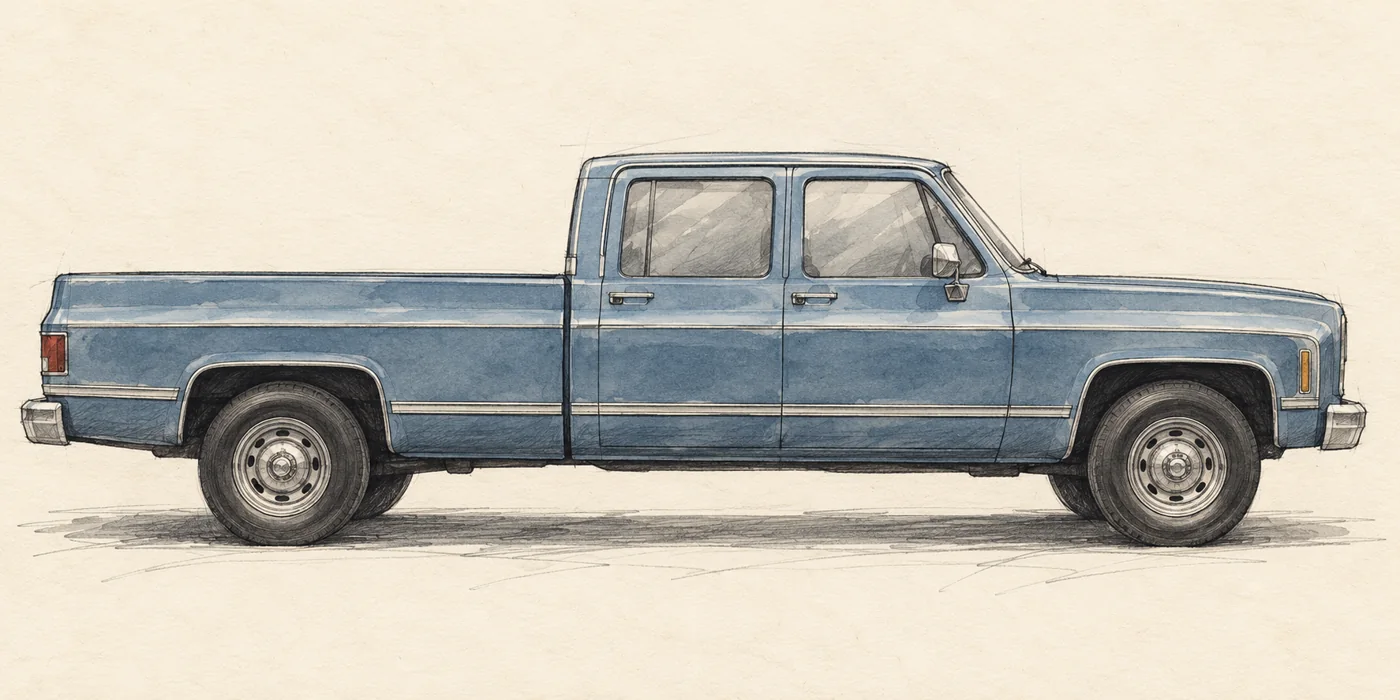 Blue-grey watercolor and pencil sketch of a four-door pickup in side profile.
