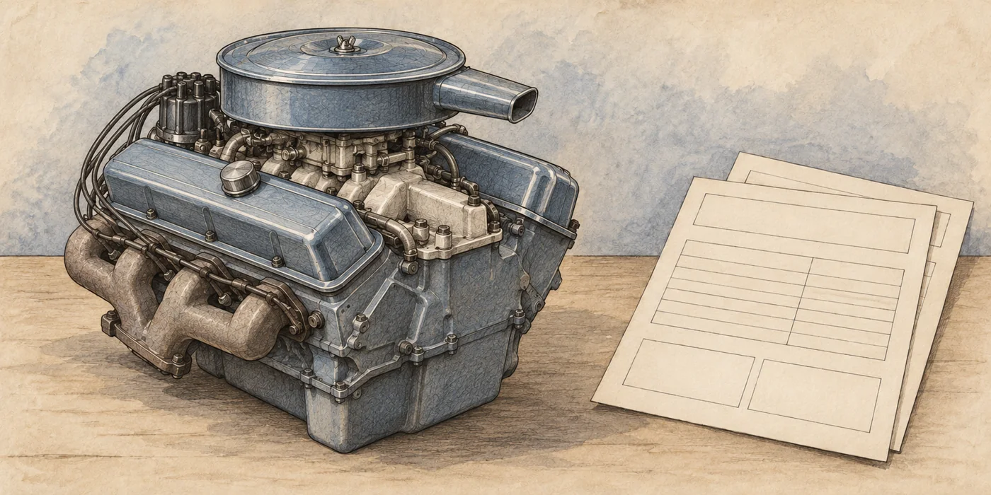 Pencil and watercolor sketch of a conceptual engine beside blank specification-style sheets.