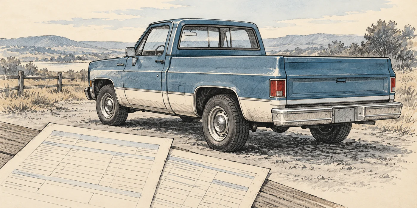 Blue pickup in a rural landscape with fictional paperwork in the foreground.