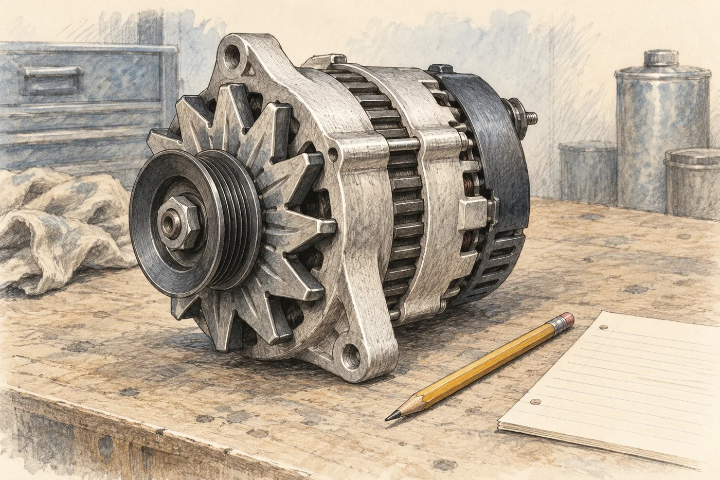 Pencil and watercolor illustration of an alternator on a workbench beside a pencil and notebook.