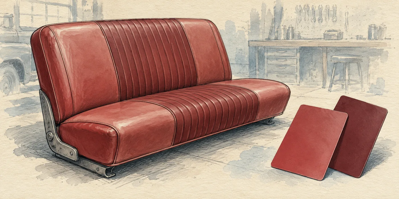 Red bench seat beside two red-toned upholstery samples.