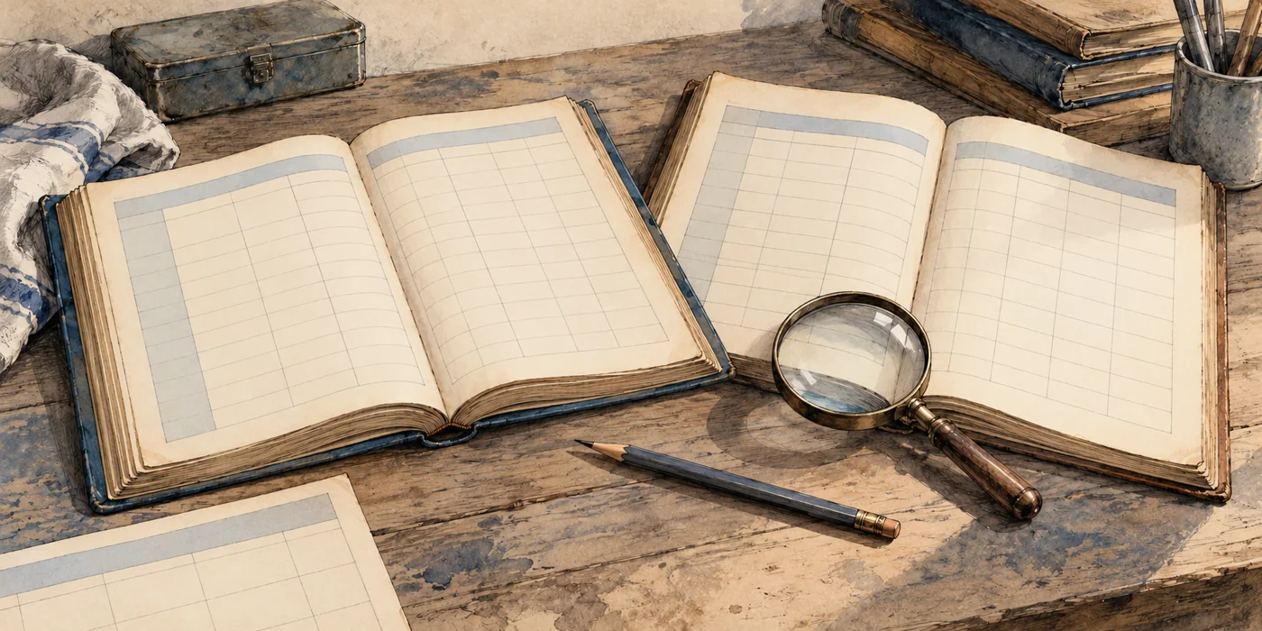 Two open reference books with blank tables, a magnifying glass and a pencil on a workbench.