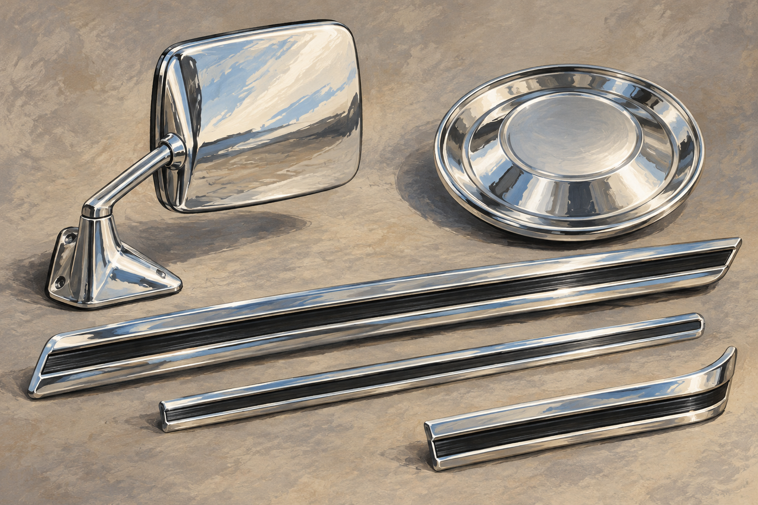 Illustration of a chrome exterior mirror, a hubcap, and bright molding pieces on a neutral background.