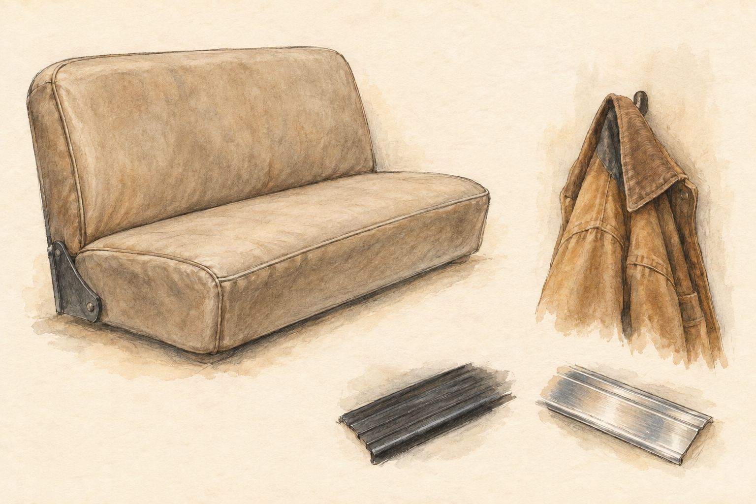 Concept illustration of a bench seat, a jacket on a hook, and dark and bright sill-plate details.