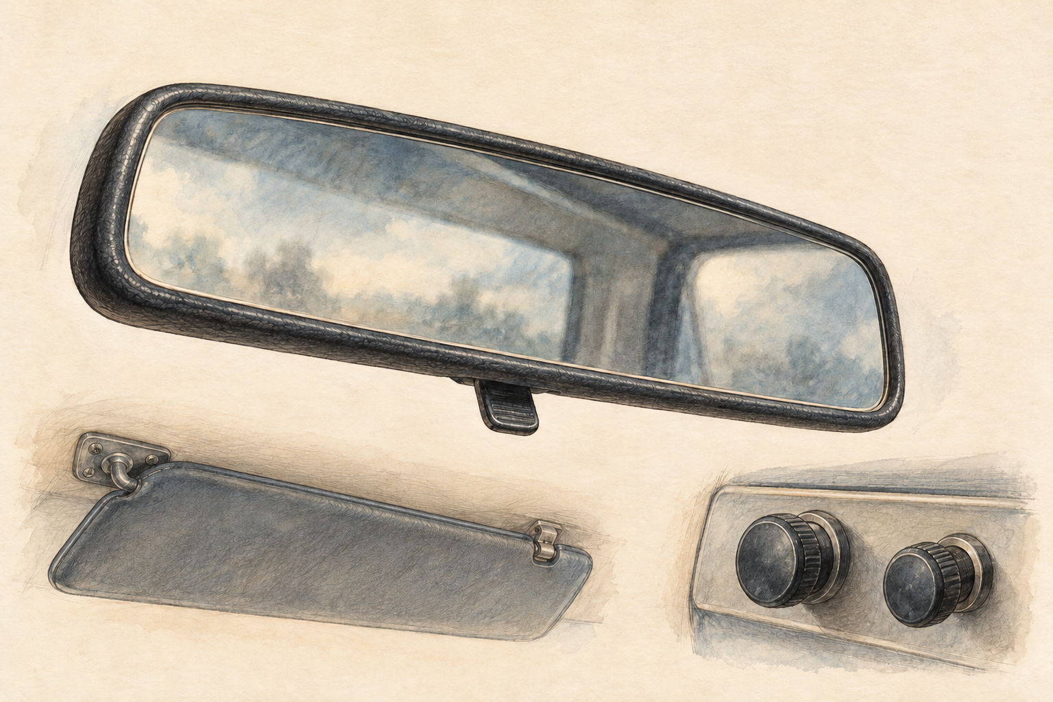 Concept illustration of cab details: an inside mirror, a padded sun visor, and two dashboard knobs.