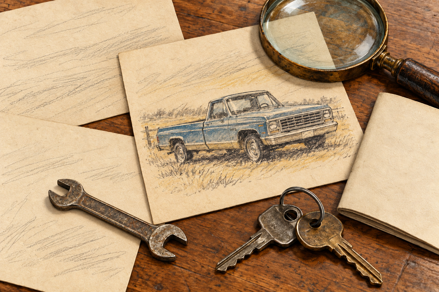 Concept illustration of historical dealership research materials; not a reconstruction of Dorsey Chevrolet.