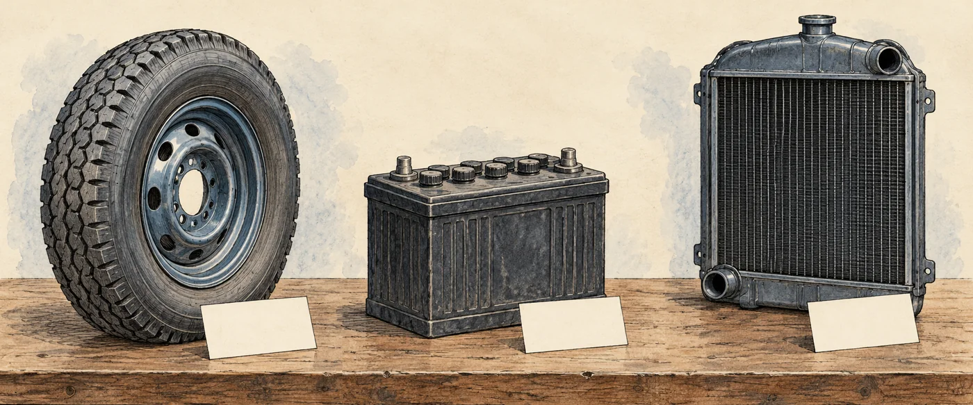Separate tire, battery and radiator illustrations with blank cards on a workbench.