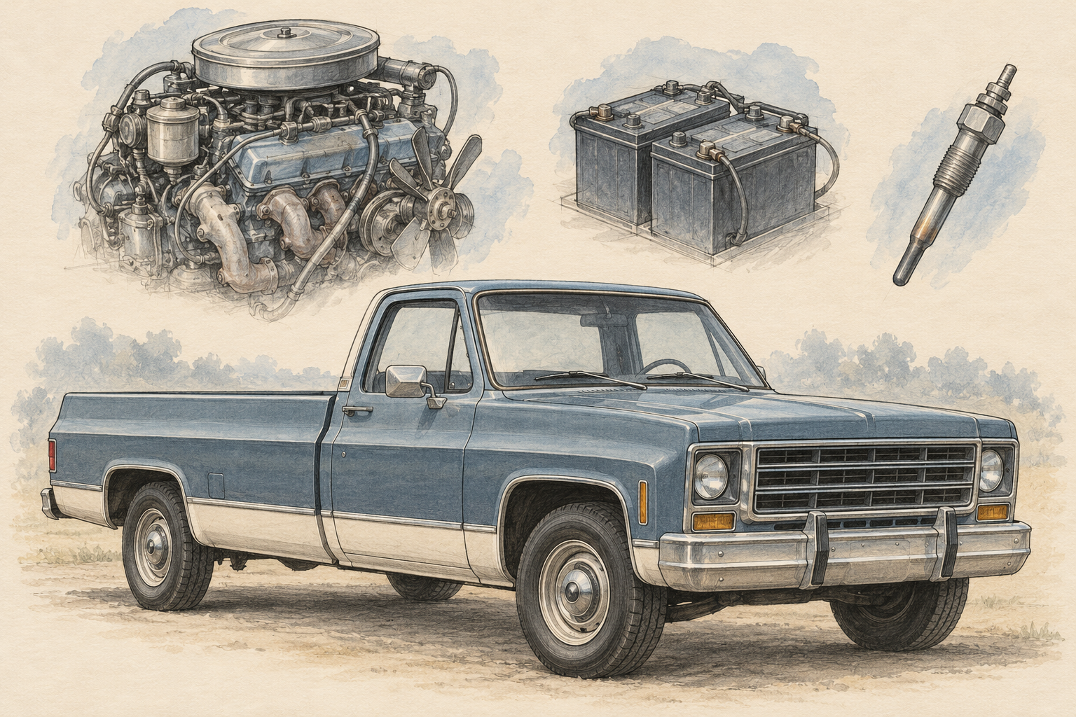 Concept illustration of a blue pickup with an engine, two batteries, and a glow plug arranged above it.