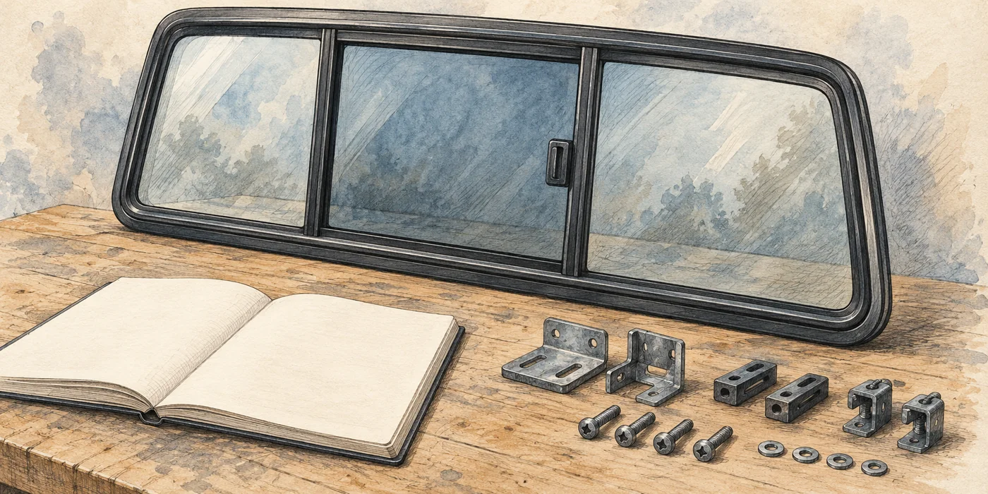 Sliding rear window assembly, blank notebook and loose brackets, bolts and washers on a workbench.