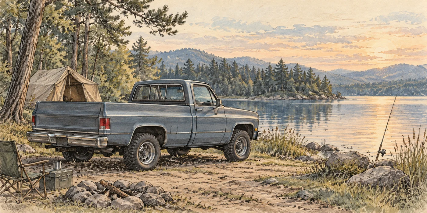 Blue pickup beside a lakeside tent, camping chair and fishing rods.