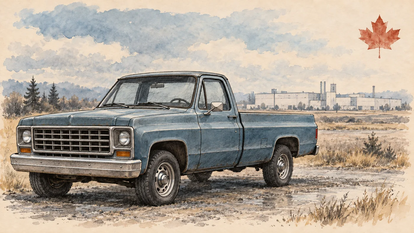 Blue pickup in front of an industrial building with a maple-leaf motif above.