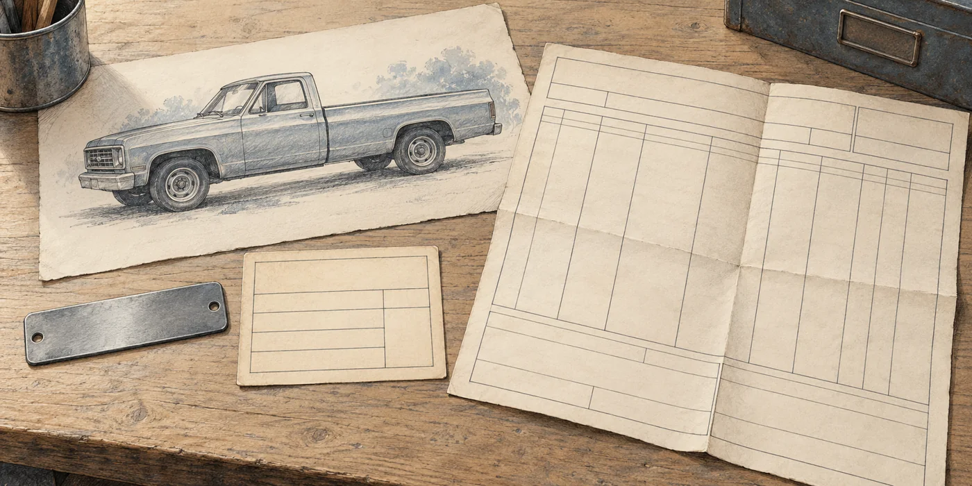 Illustrated pickup image beside a blank identification plate, label and ruled paperwork.