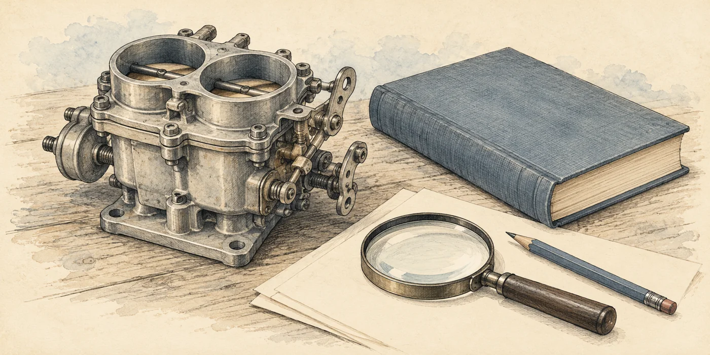 Generic carburetor beside a closed reference book, blank notes, magnifying glass and pencil.