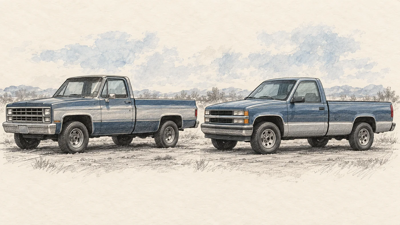 Two blue pickups with different body designs shown side by side.