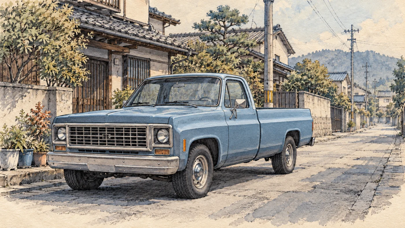 Blue pickup parked on a quiet street beside Japanese-style houses.