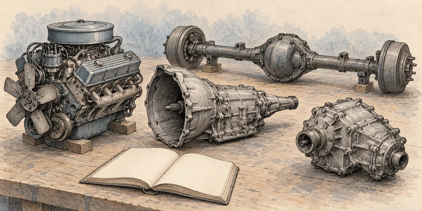 Separate engine, transmission, transfer case and axle illustrations beside a blank reference book.