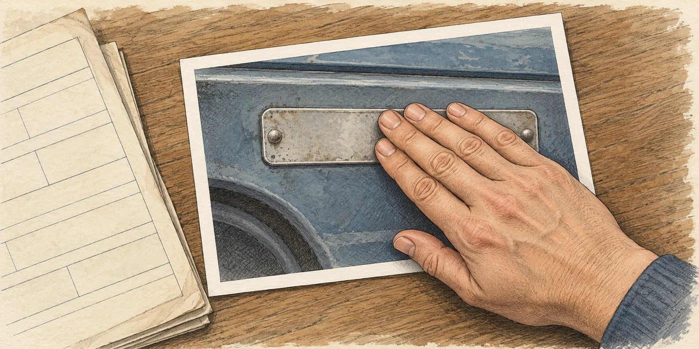A hand covers part of a paper picture of a blank identification plate beside ruled paperwork.