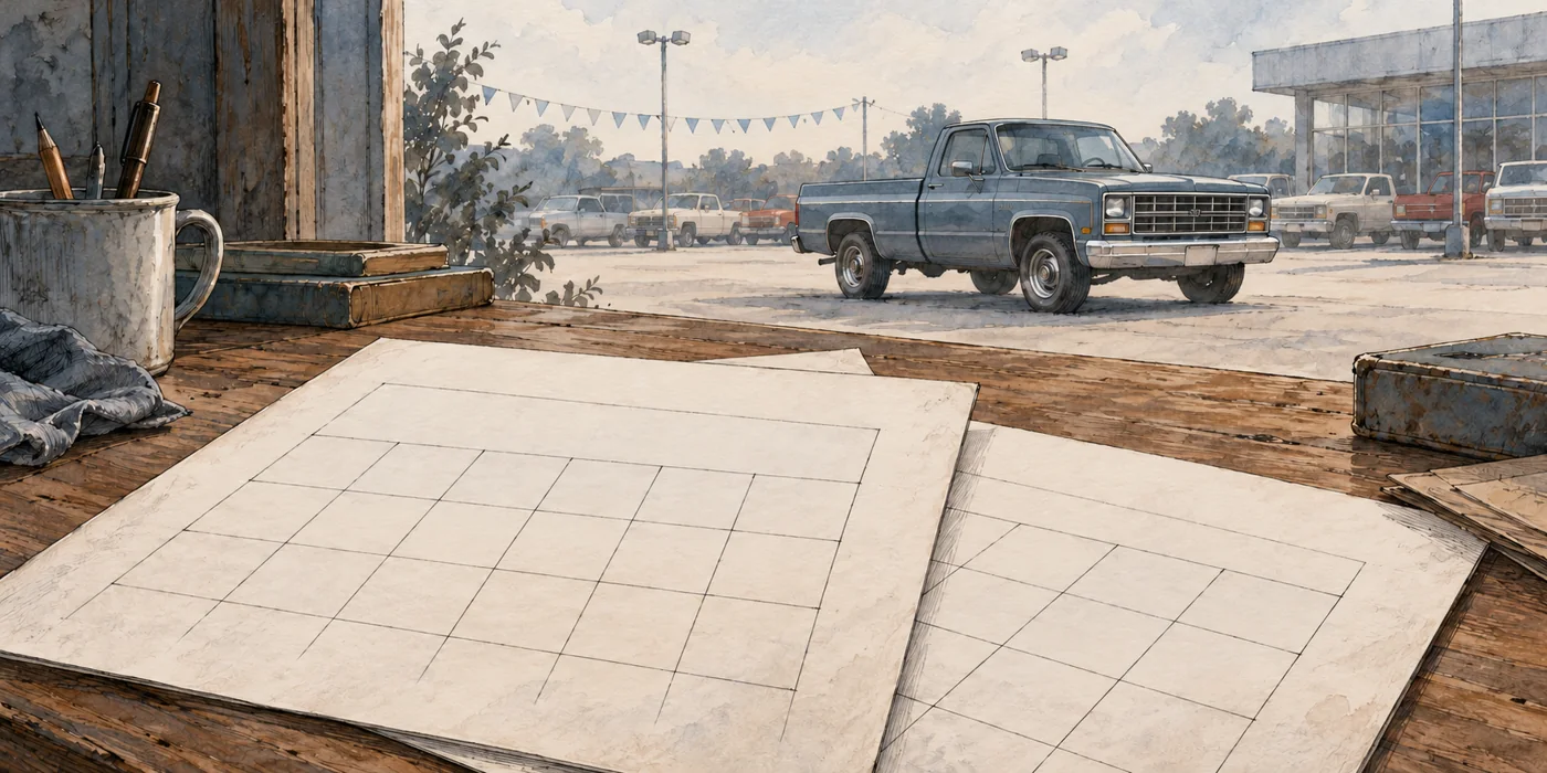 Blank paperwork on a desk overlooking pickups at a dealership.