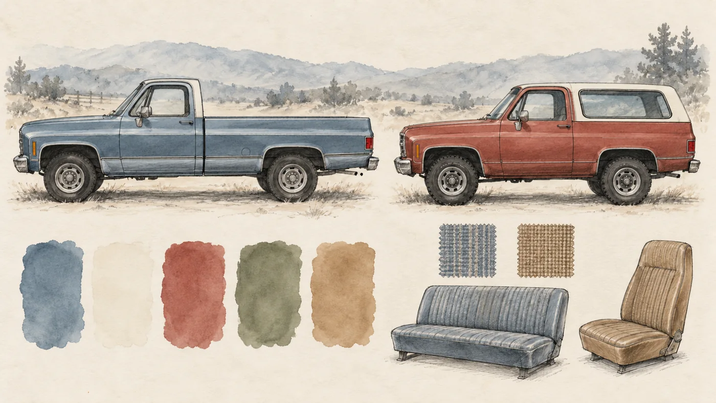 Pickup and utility-vehicle sketches with color washes, upholstery textures and seat illustrations.