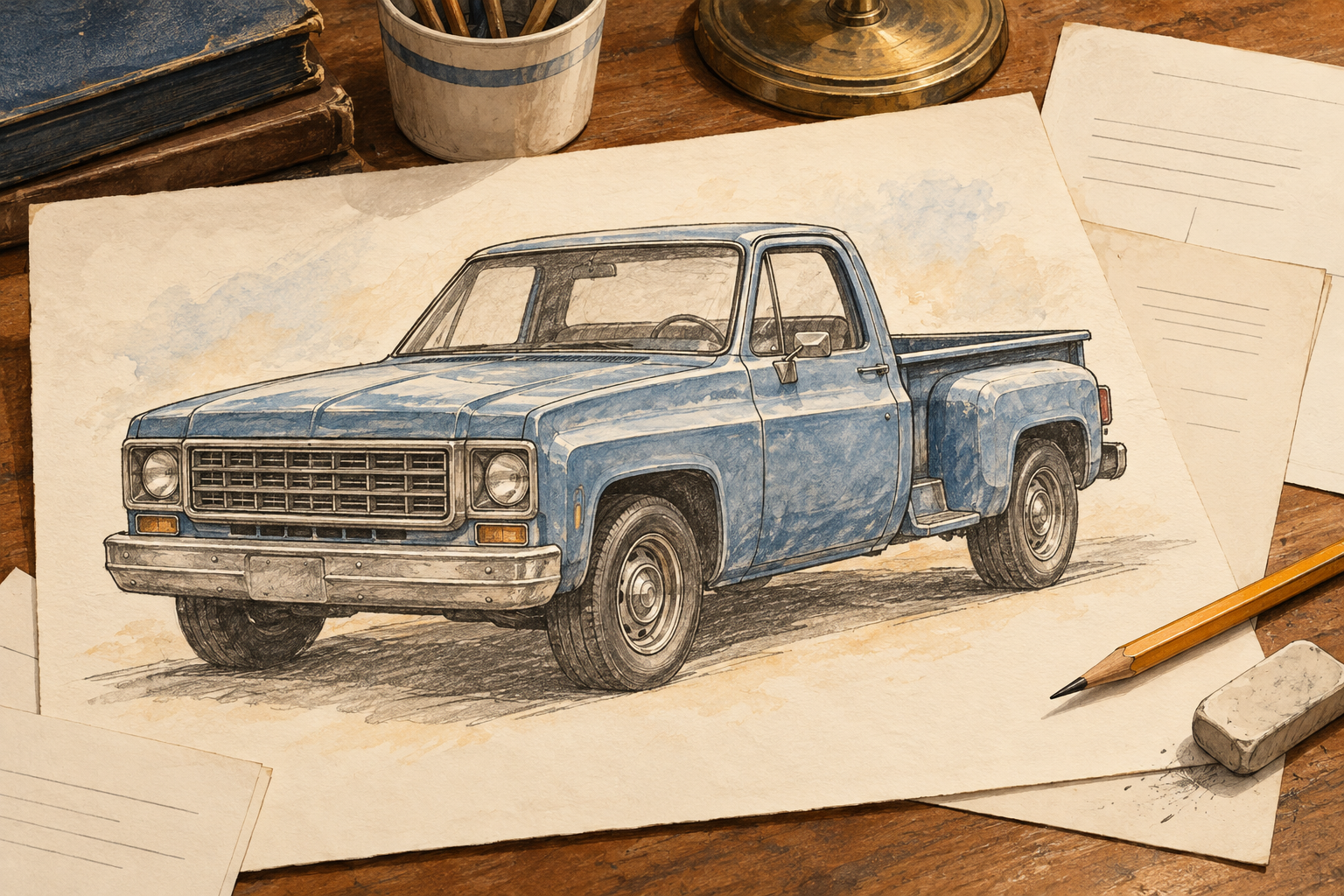 Concept illustration of a Stepside pickup and factory-paperwork research.