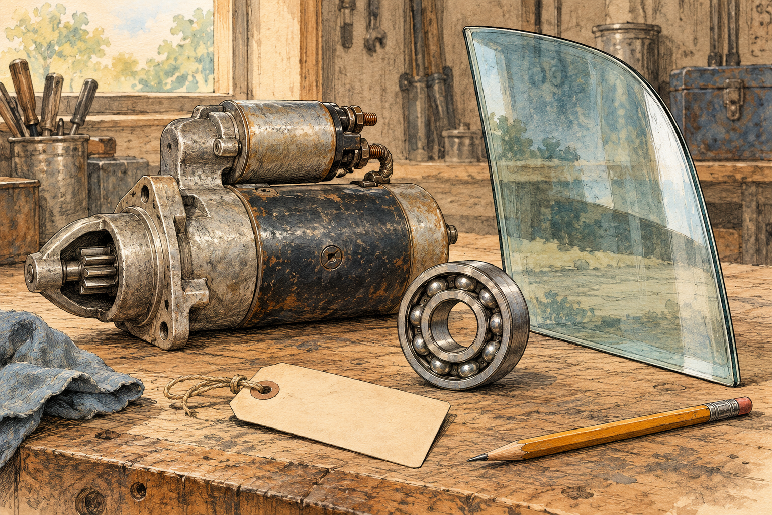 Concept illustration of a starter, bearing and glass alongside research notes; not identified original truck components.