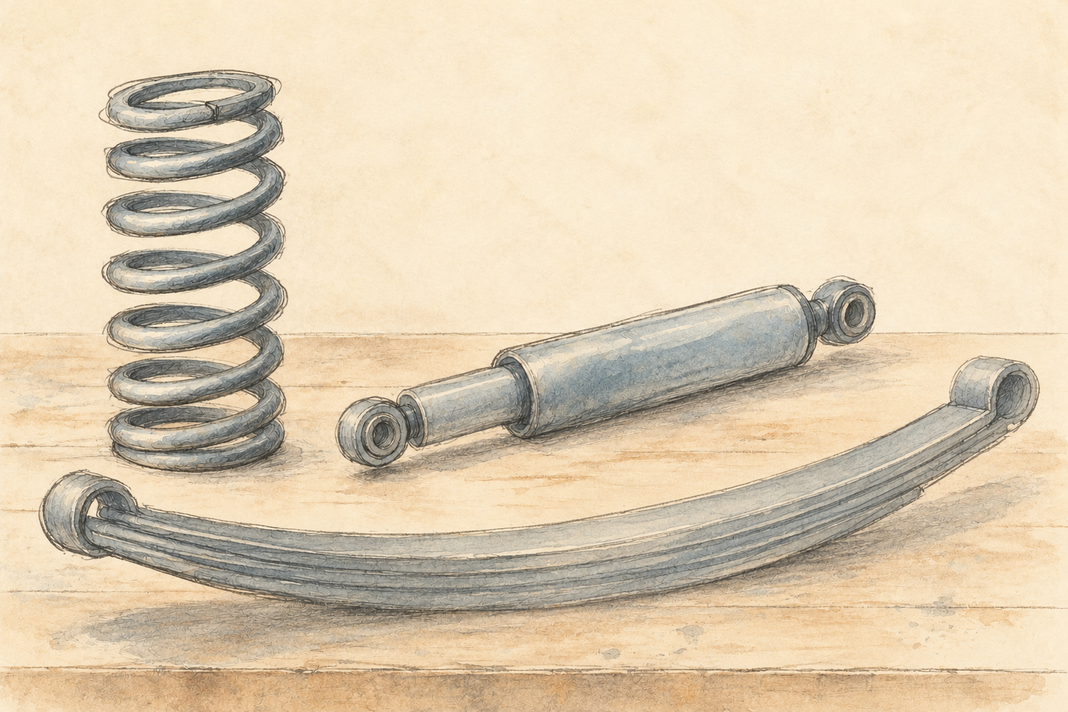 Concept illustration of a separate coil spring, shock absorber and leaf-spring pack.