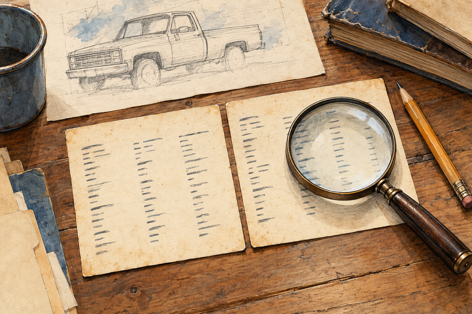 Concept illustration of abstract document cards and a magnifying glass beside an unfinished pickup sketch.
